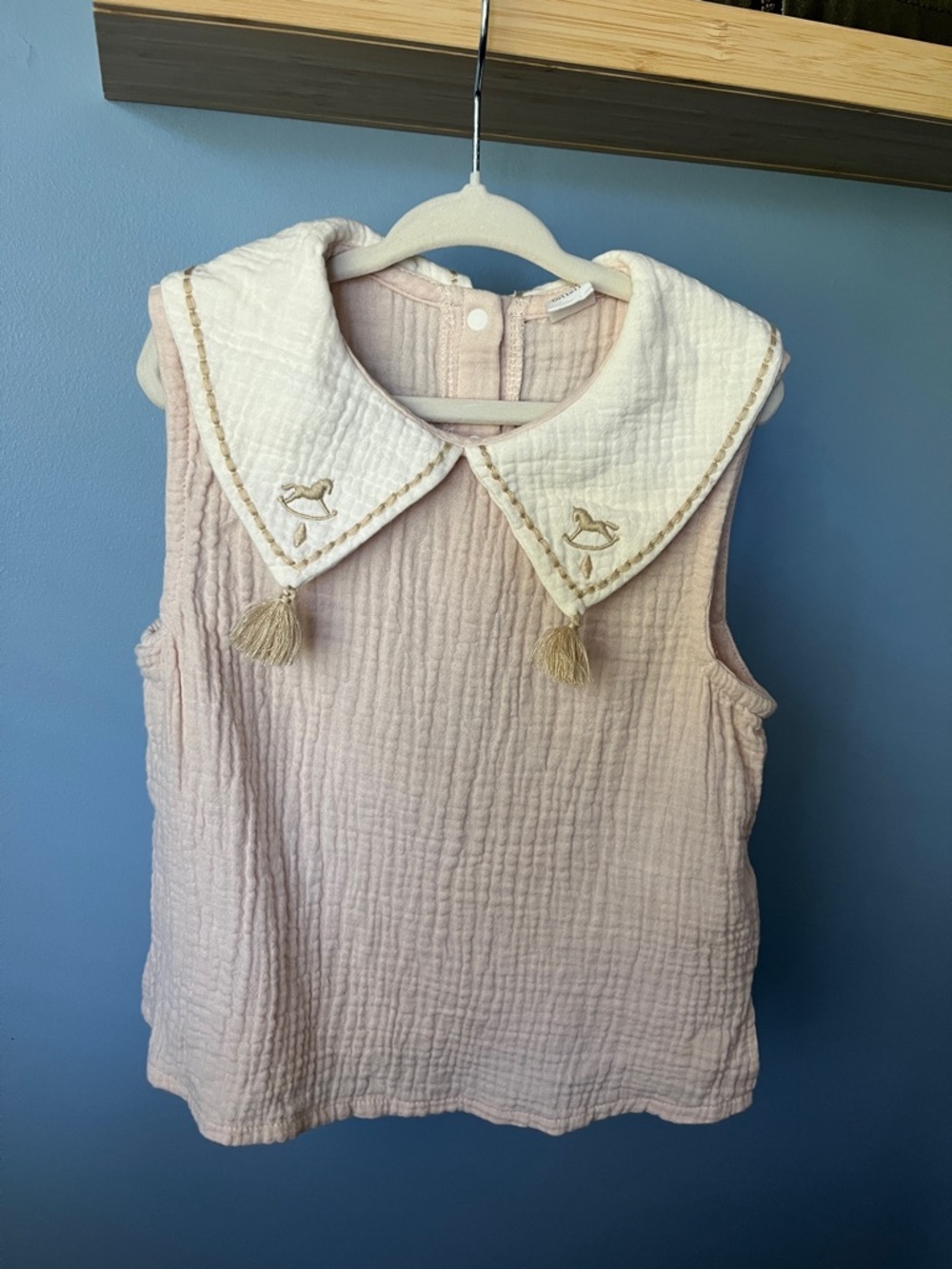 Coton Colors Pink Muslin Tank Top with White Embroidered Peter Pan Collar